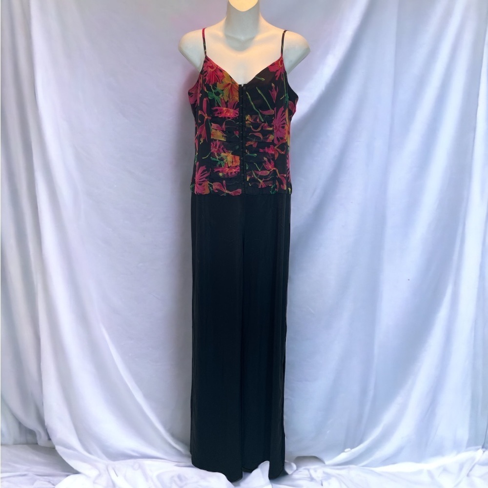 Vintage 80s Power Floral Black Jumpsuit / Catsuit